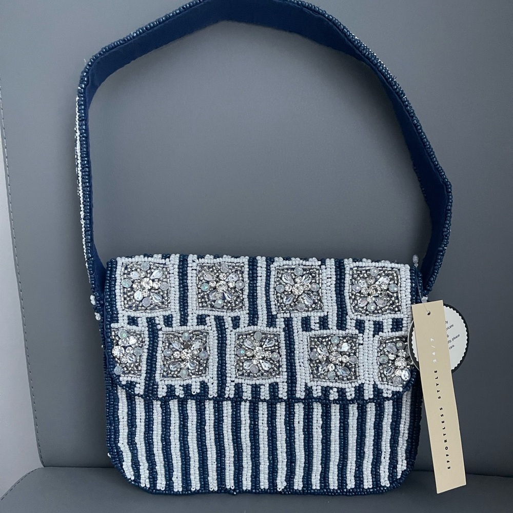 Studio 12 Blue and White Stripped Travel Beaded Bag Purse Handcrafted In India